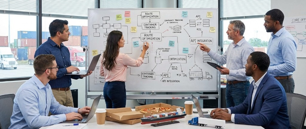 Scoping and design - team collaborating on supply chain whiteboard